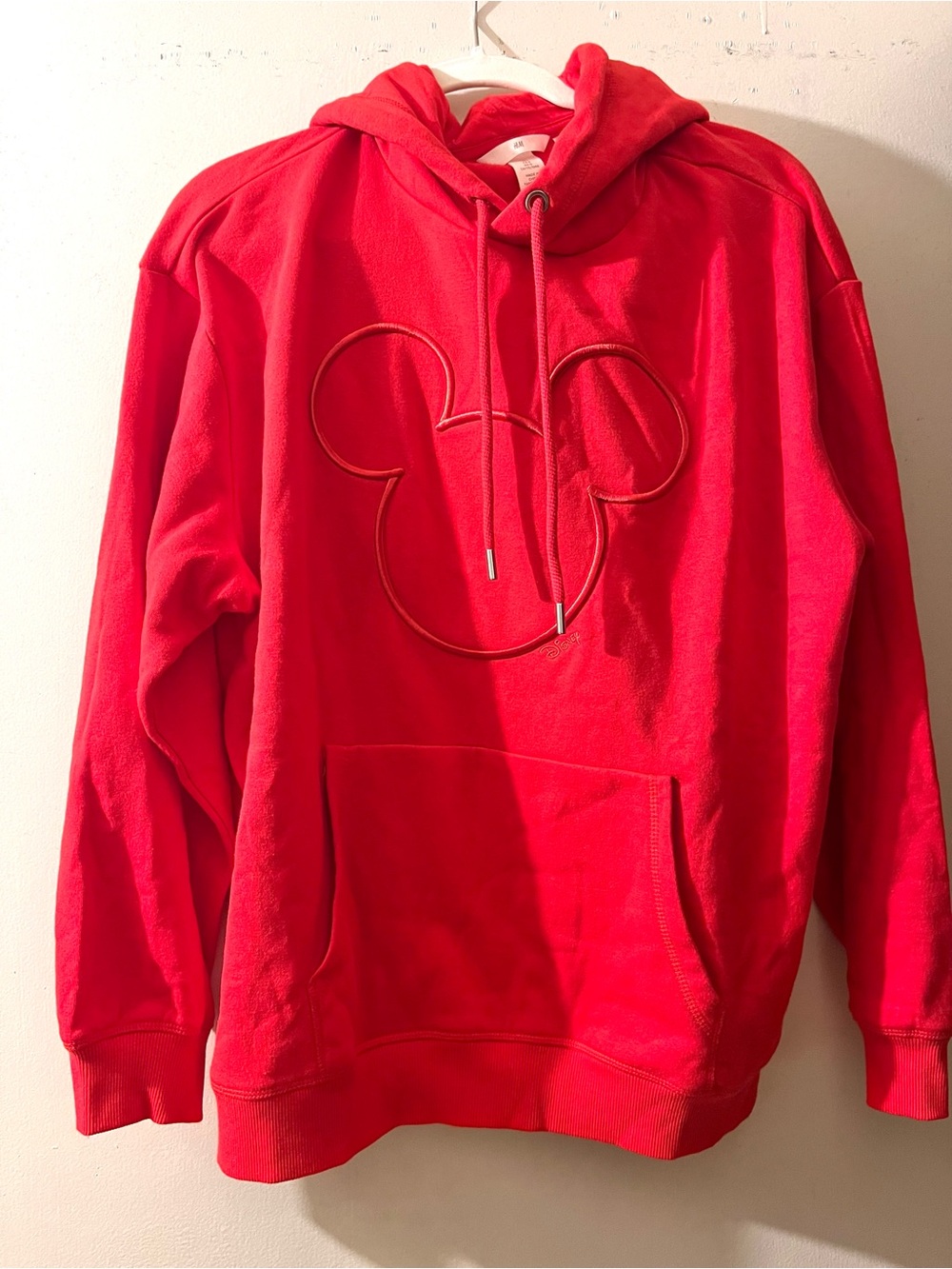 H&M Red Women's Hooded Pullover Sweatshirt with Embossed Mickey Outline